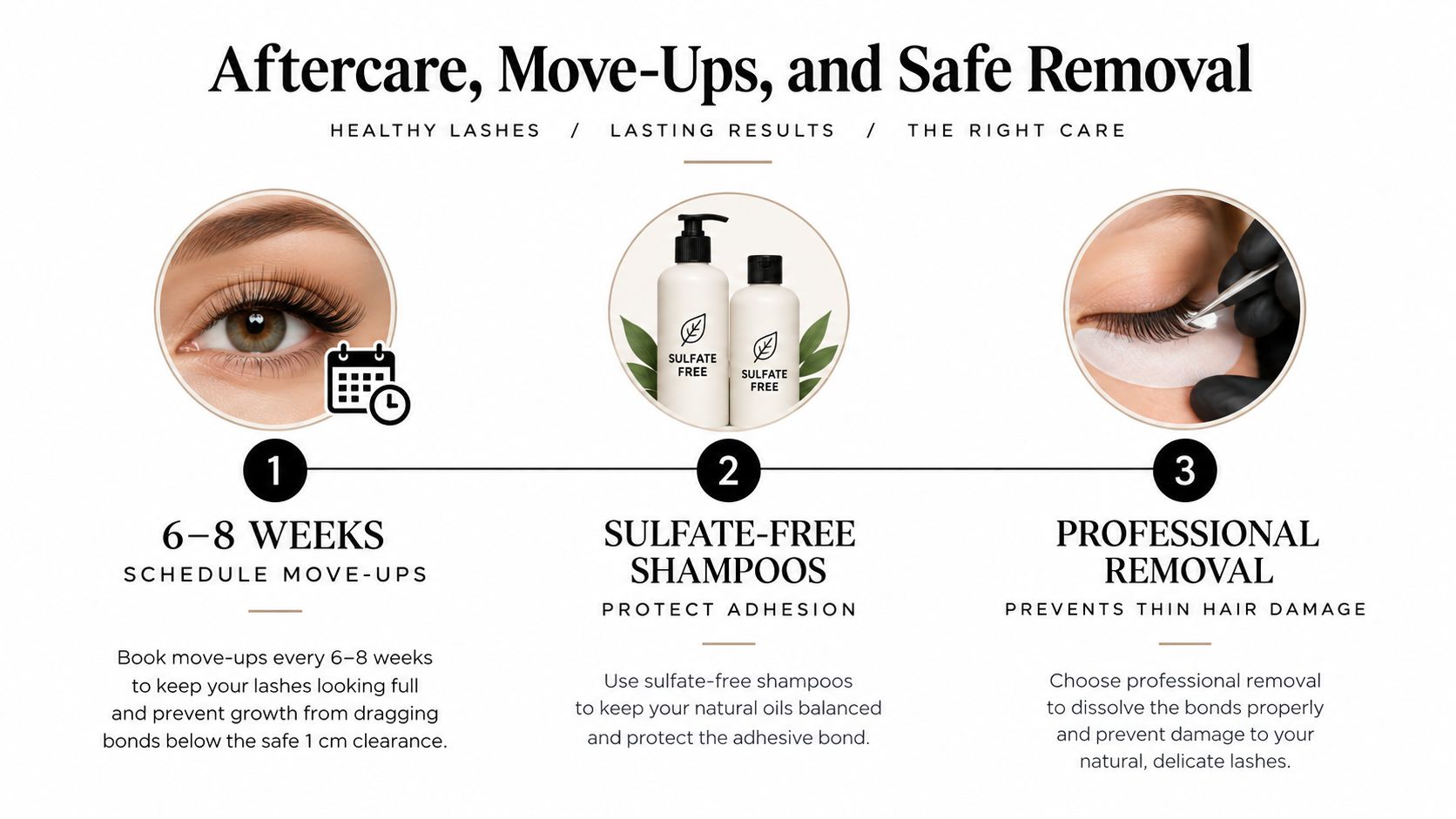 An infographic detailing aftercare, move-up scheduling, and professional removal procedures for maintaining healthy hair extensions.