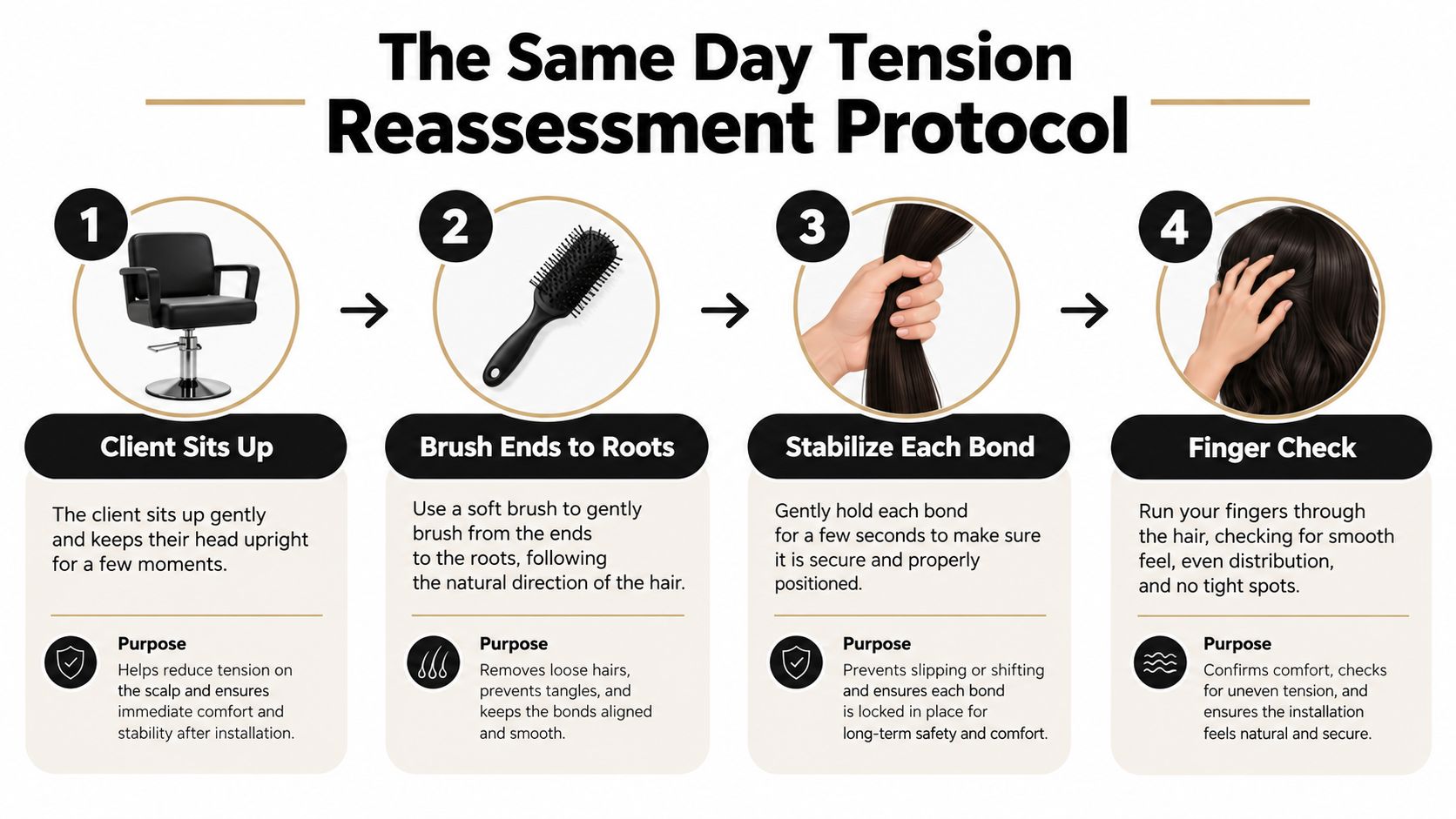A four-step infographic illustrating the professional protocol for reassessing tension in hair extensions after installation.