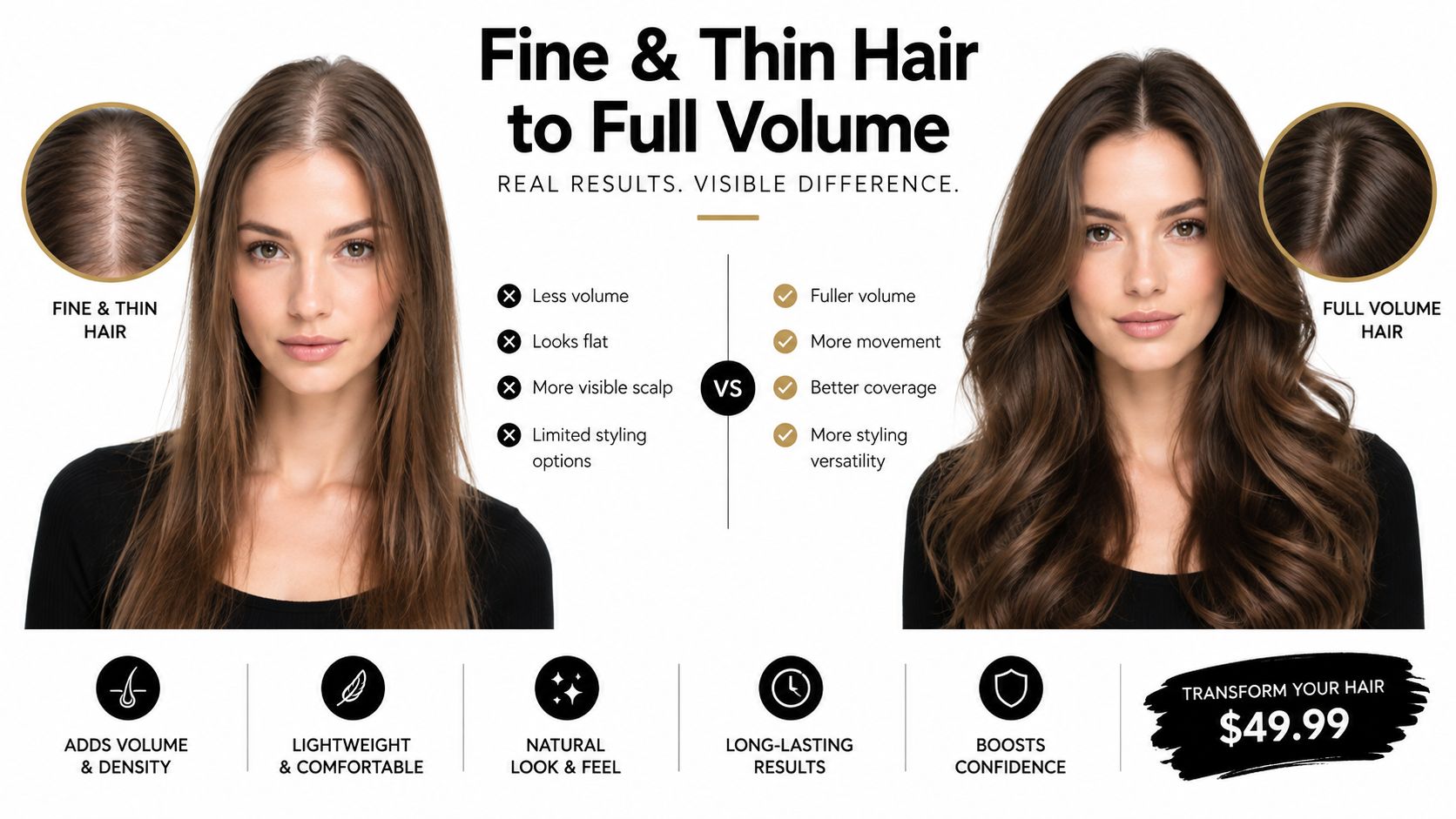 A split image showing a woman's hair before and after using volumizing extensions to achieve fuller hair.