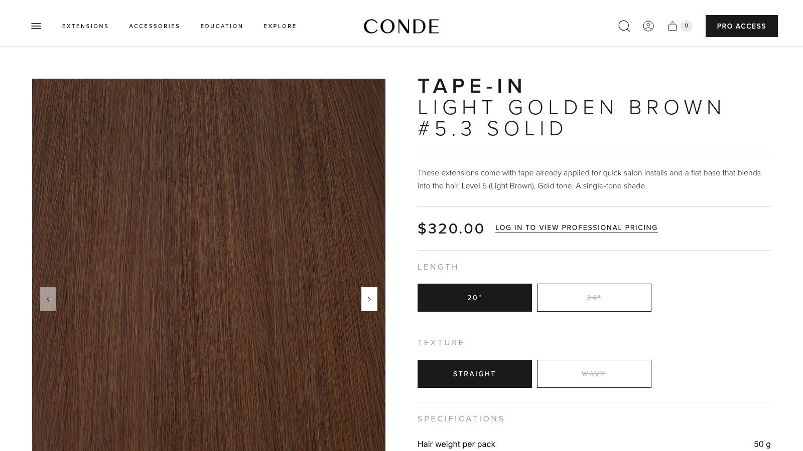 Screenshot from https://condeprofessional.com/products/tape-in-light-golden-brown-5-3-solid