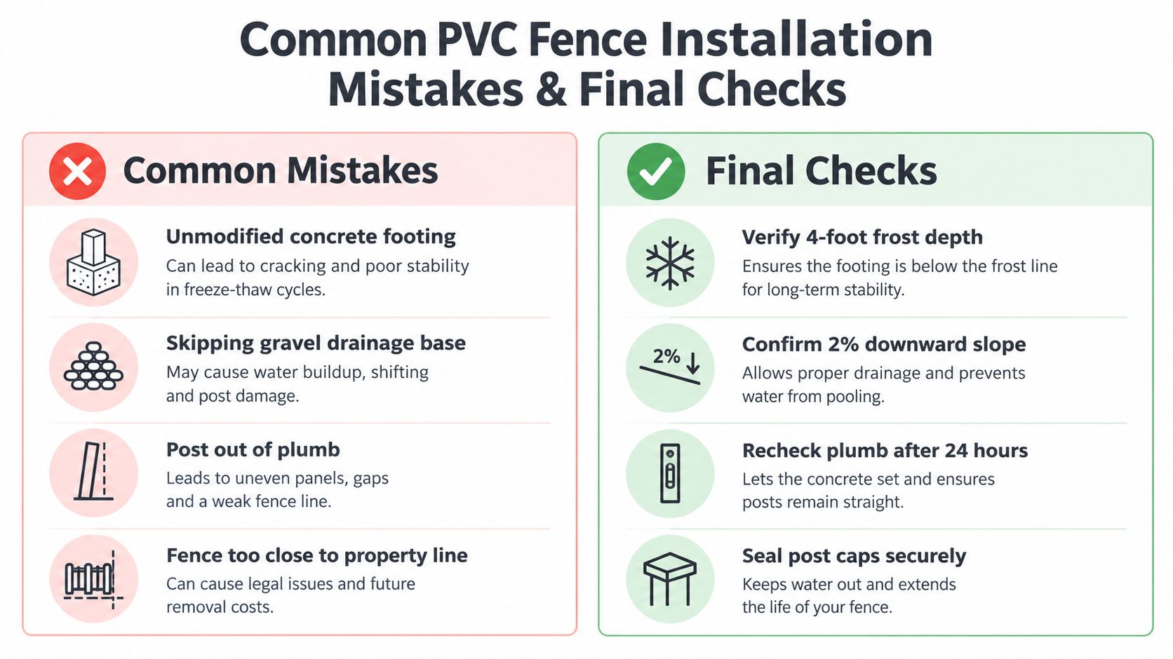An infographic showing common mistakes to avoid and final checks for proper PVC fence post installation.
