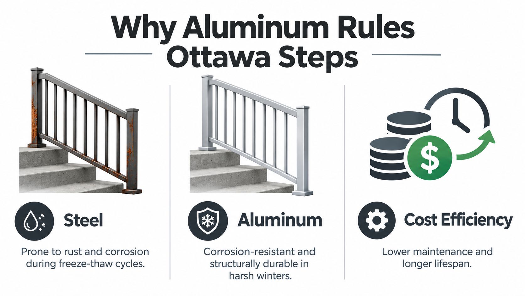 A comparison graphic showing steel railing rusting versus aluminum railing resisting harsh Ottawa winter conditions.