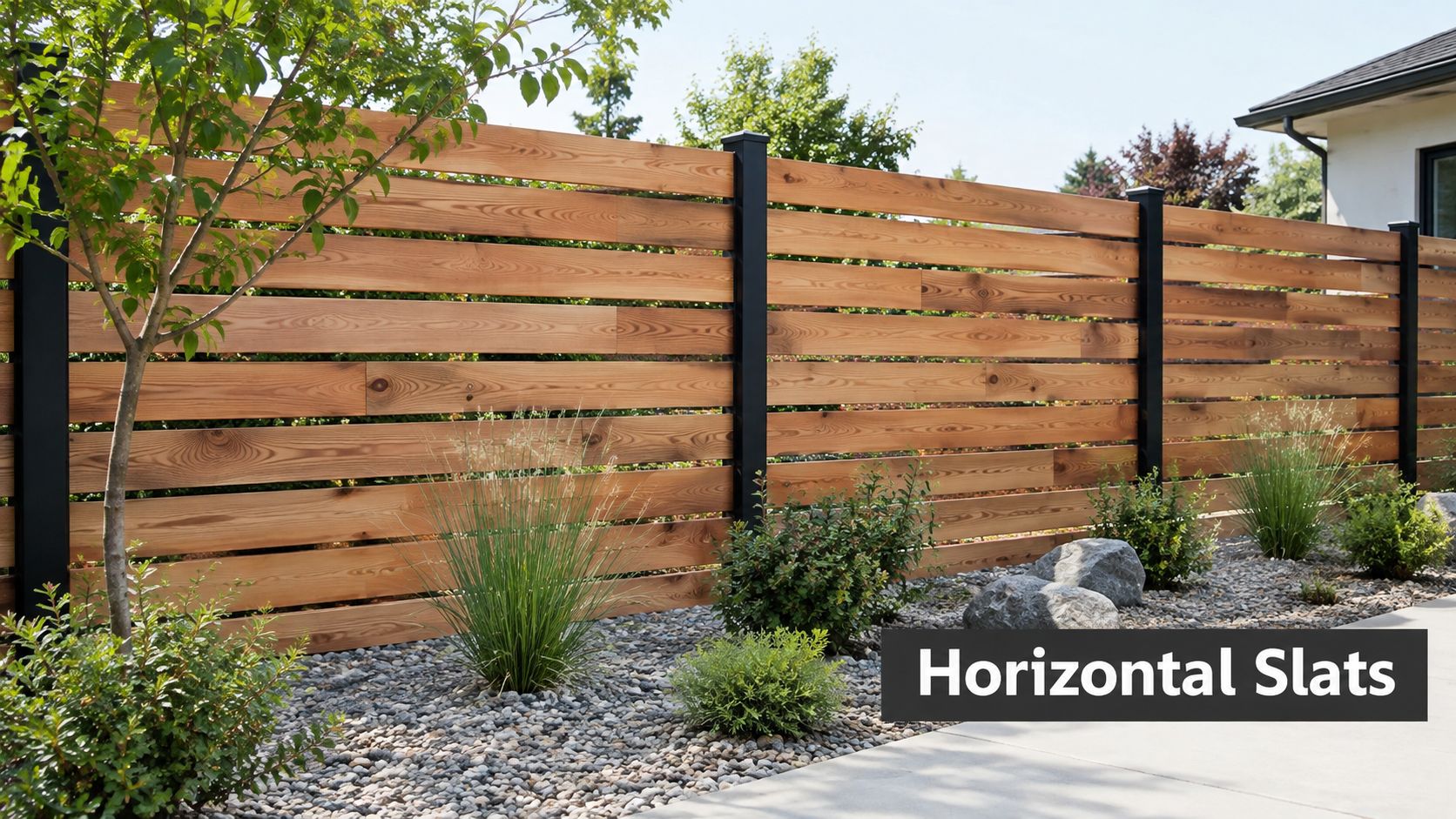 A modern horizontal slat wooden fence with black metal posts in a landscaped garden with river rocks.
