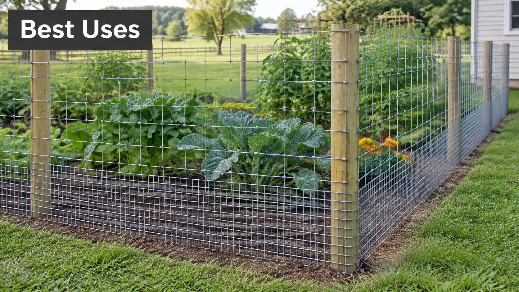 A sturdy wire mesh fence protecting a lush vegetable garden from animals in a backyard setting.