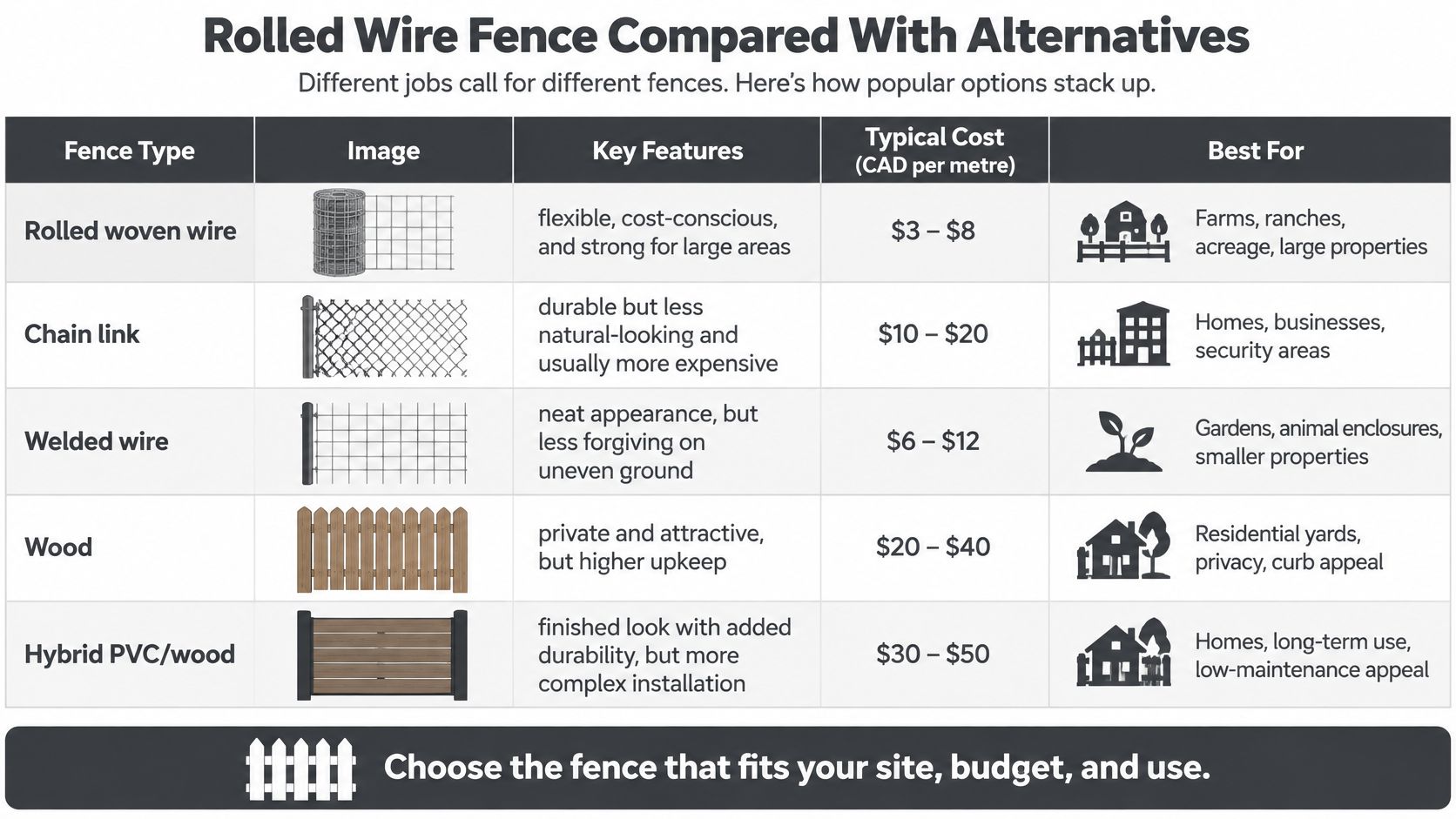 A comparison chart showing different fence types, their features, typical costs, and ideal use cases.