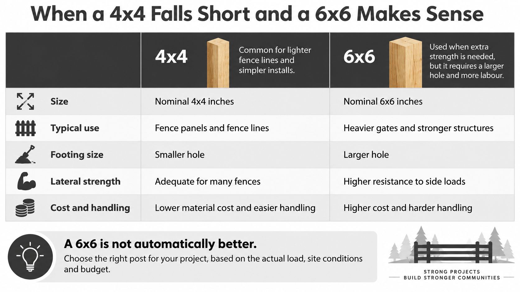 A comparison chart outlining the differences in size, usage, and cost between 4x4 and 6x6 fence posts.