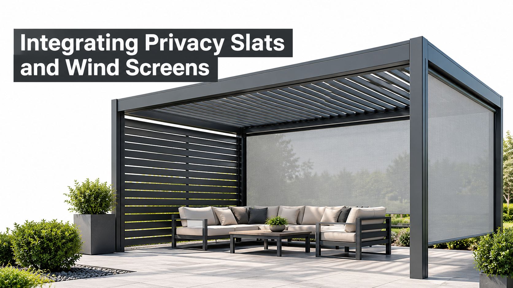 A modern outdoor pergola featuring privacy slats and wind screens with comfortable patio furniture on a patio.