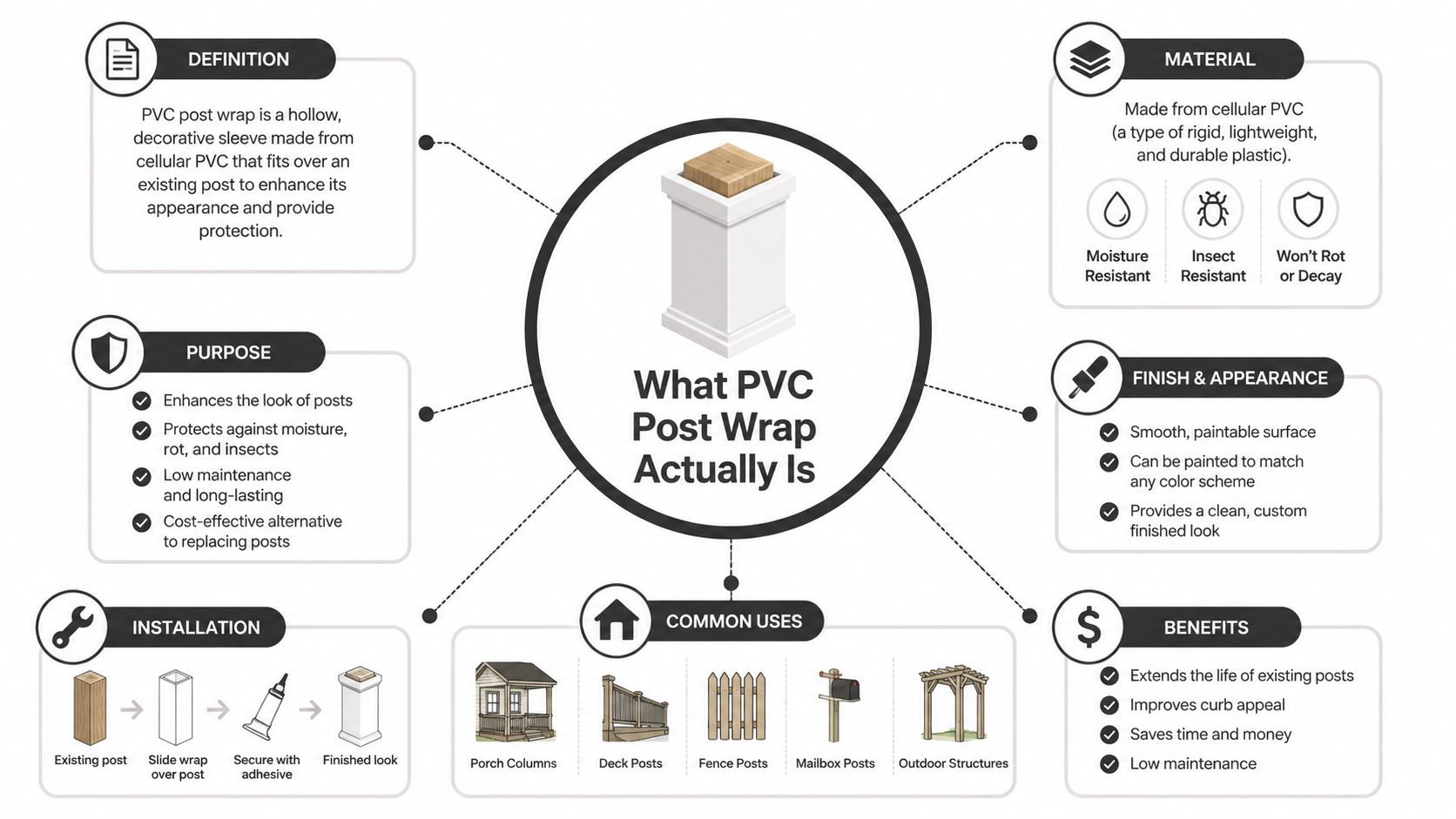 An infographic explaining the definition, material, benefits, and common uses of PVC post wraps for home projects.