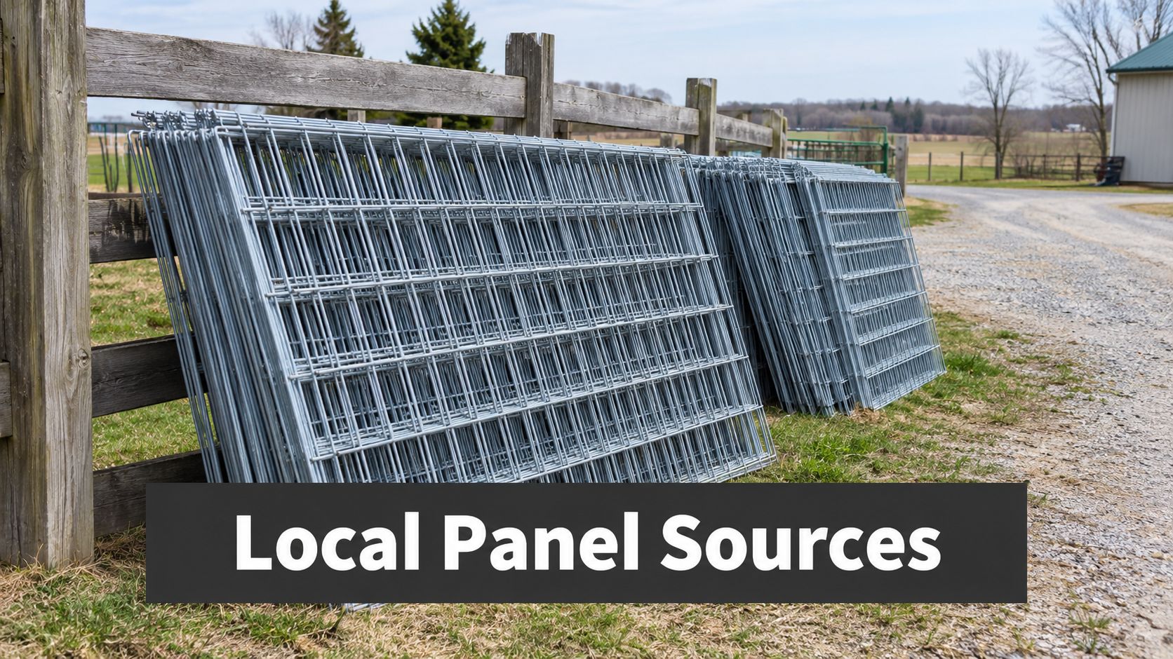A stack of galvanized steel cattle panels leaning against a wooden fence on a rural farm.