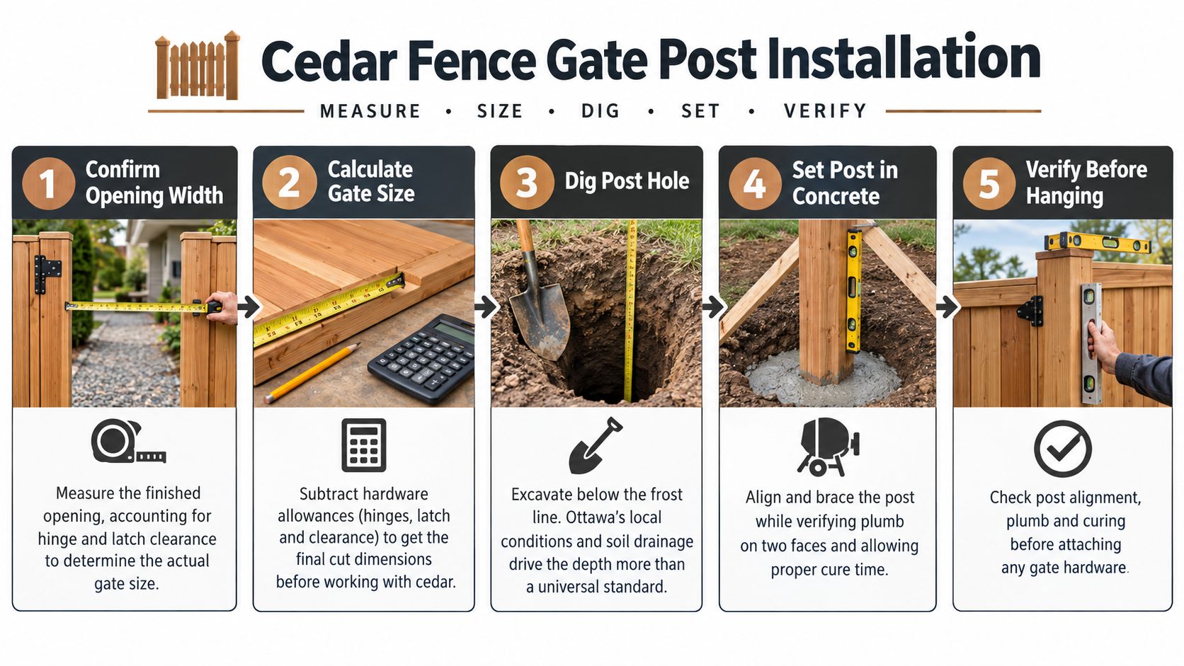 A five-step instructional guide for proper cedar fence gate post installation including measuring, digging, and setting.