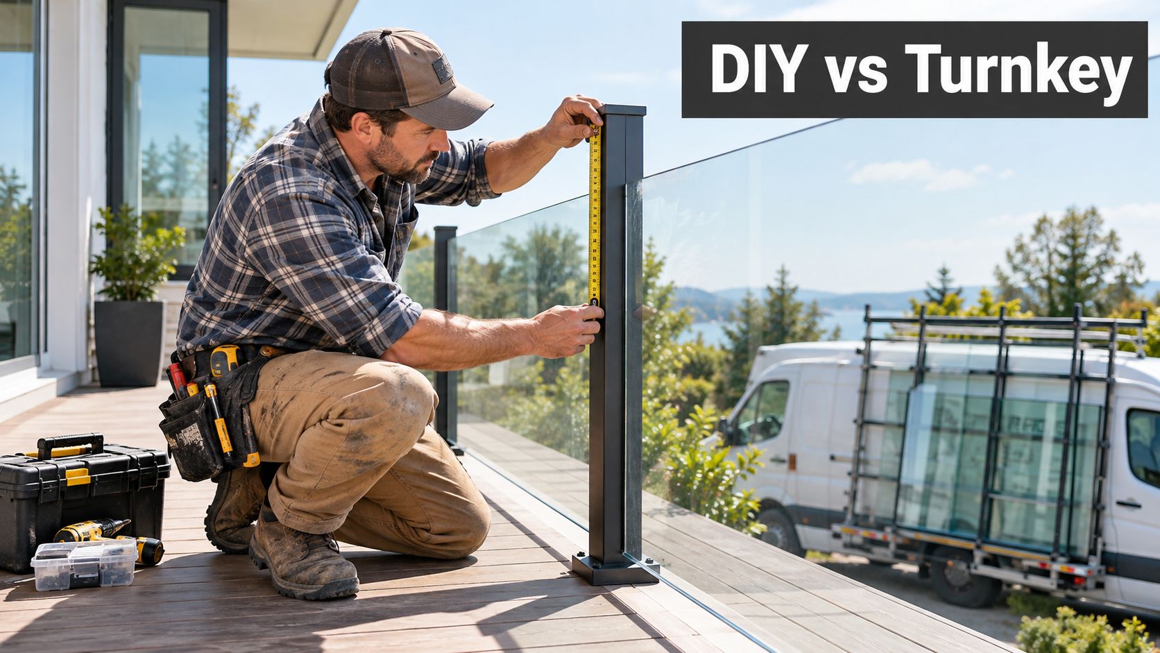 A professional construction worker measuring a modern glass railing system on a deck during an installation project.