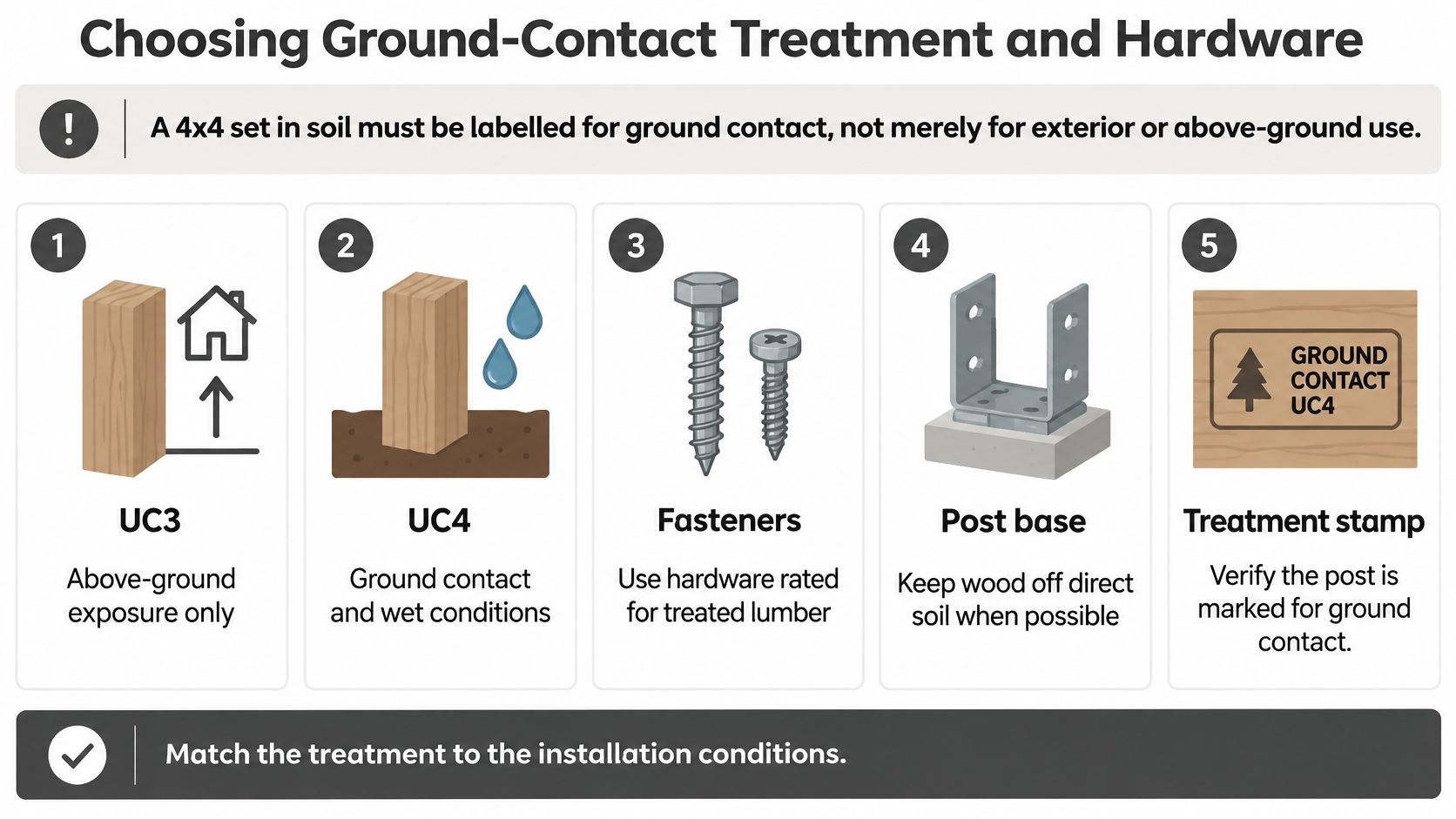 A guide on selecting ground-contact treatment and hardware for 4x4 fence posts installed in soil conditions.