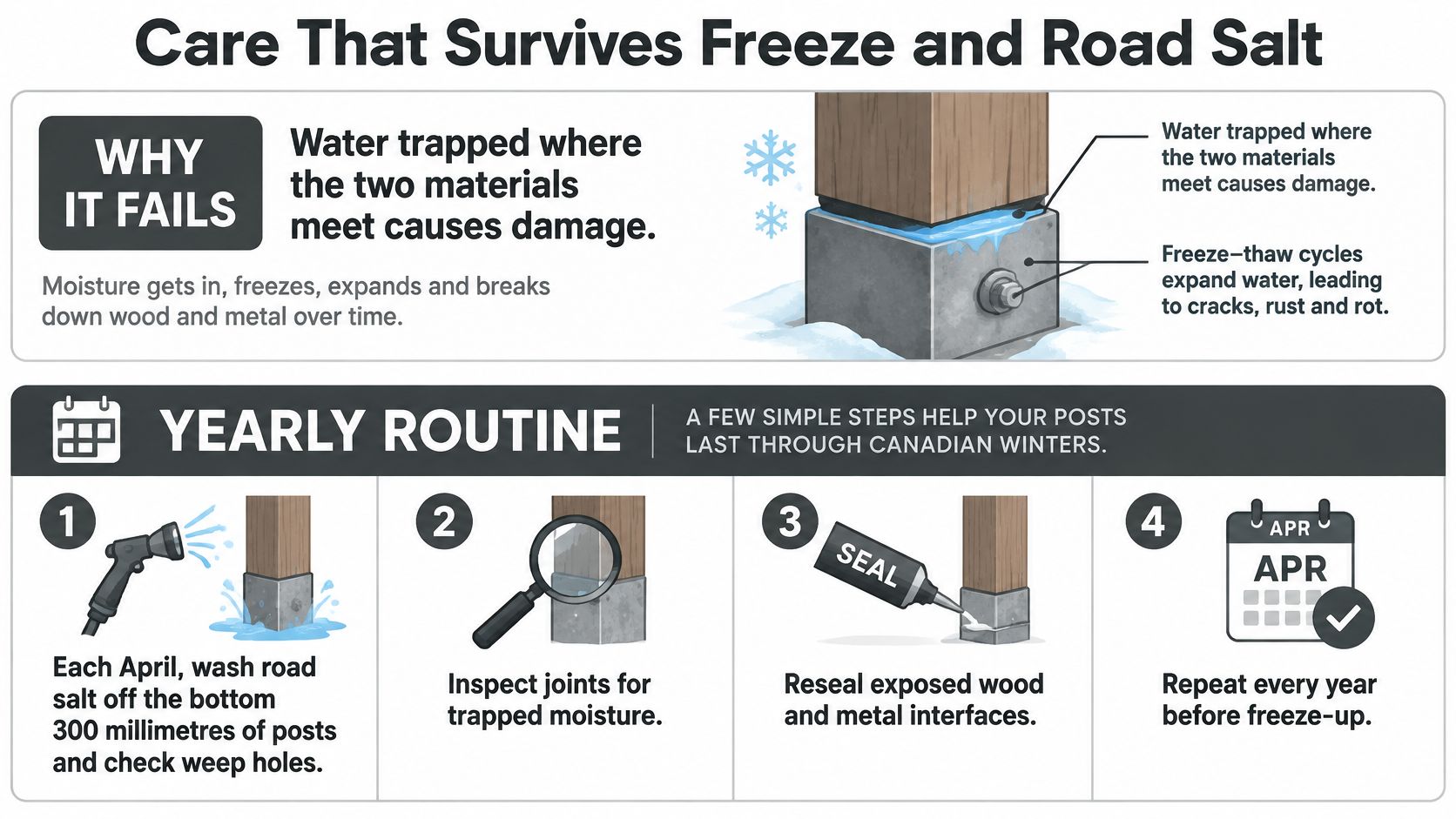A diagram explaining how to maintain wooden fence posts to prevent damage from freeze-thaw cycles and salt.