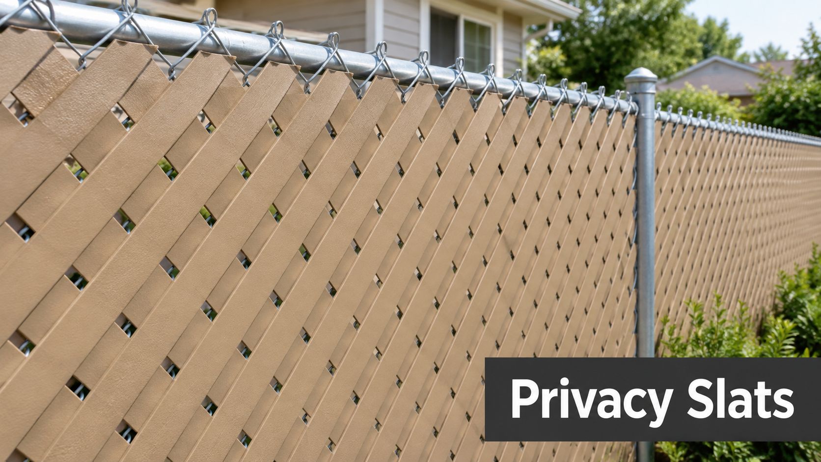 A close-up view of a metal chain link fence featuring tan-coloured privacy slats installed for seclusion.