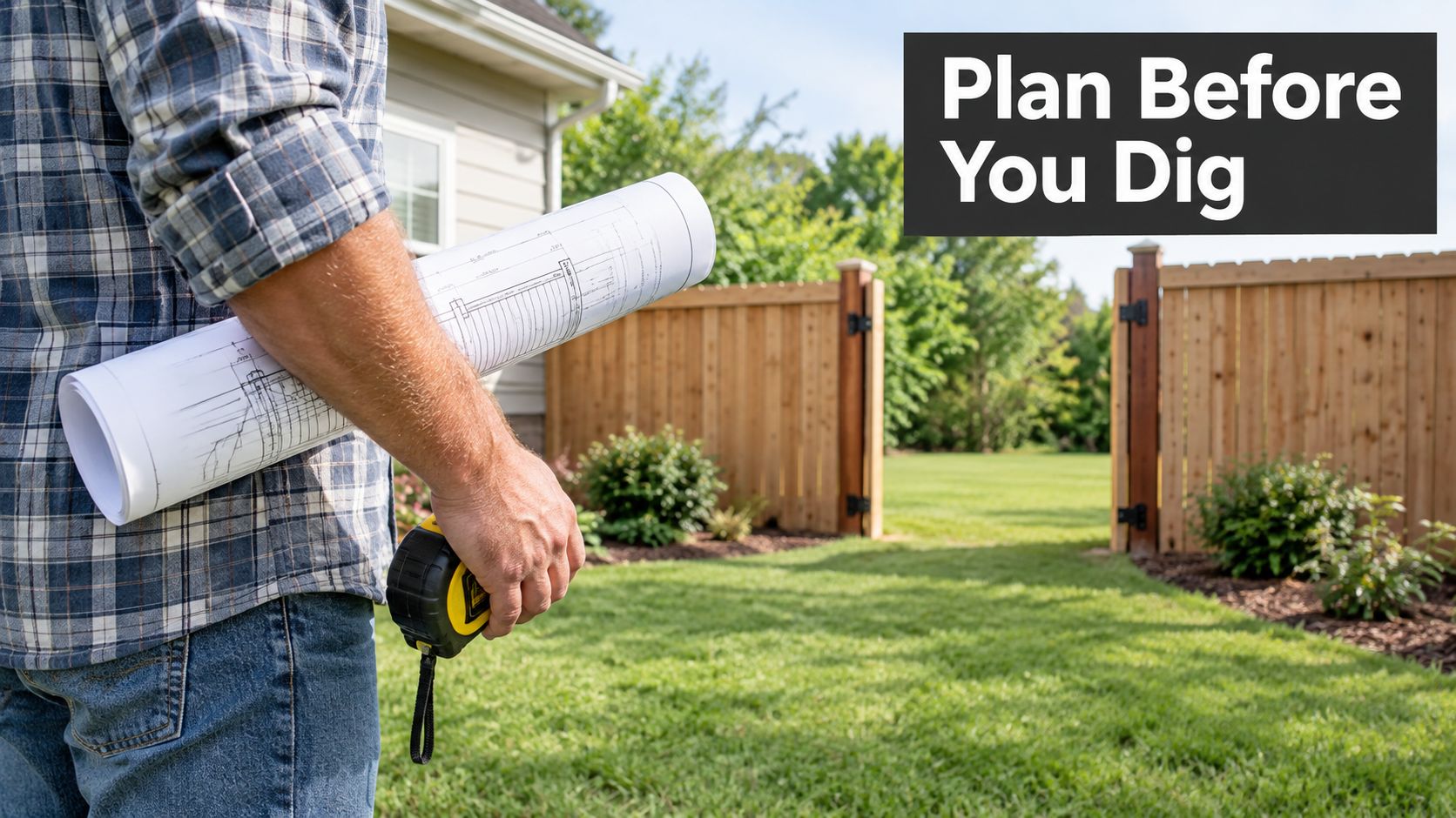 A contractor holding rolled blueprints and a tape measure stands in a backyard preparing for construction.