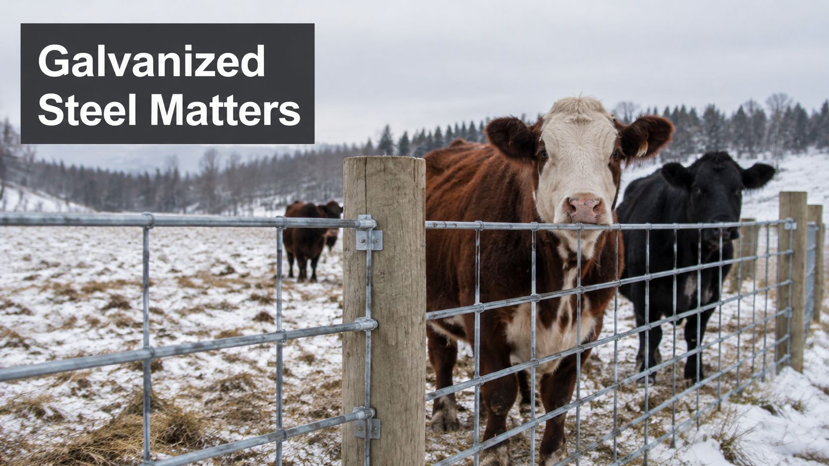 Cattle standing in a snowy field behind a durable galvanized steel fence in a rural landscape