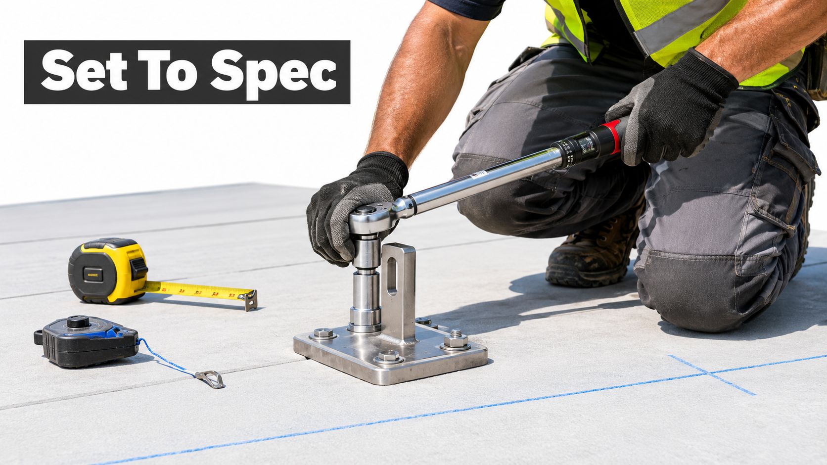 A construction worker uses a torque wrench to tighten a bolt on a steel mounting plate installation.
