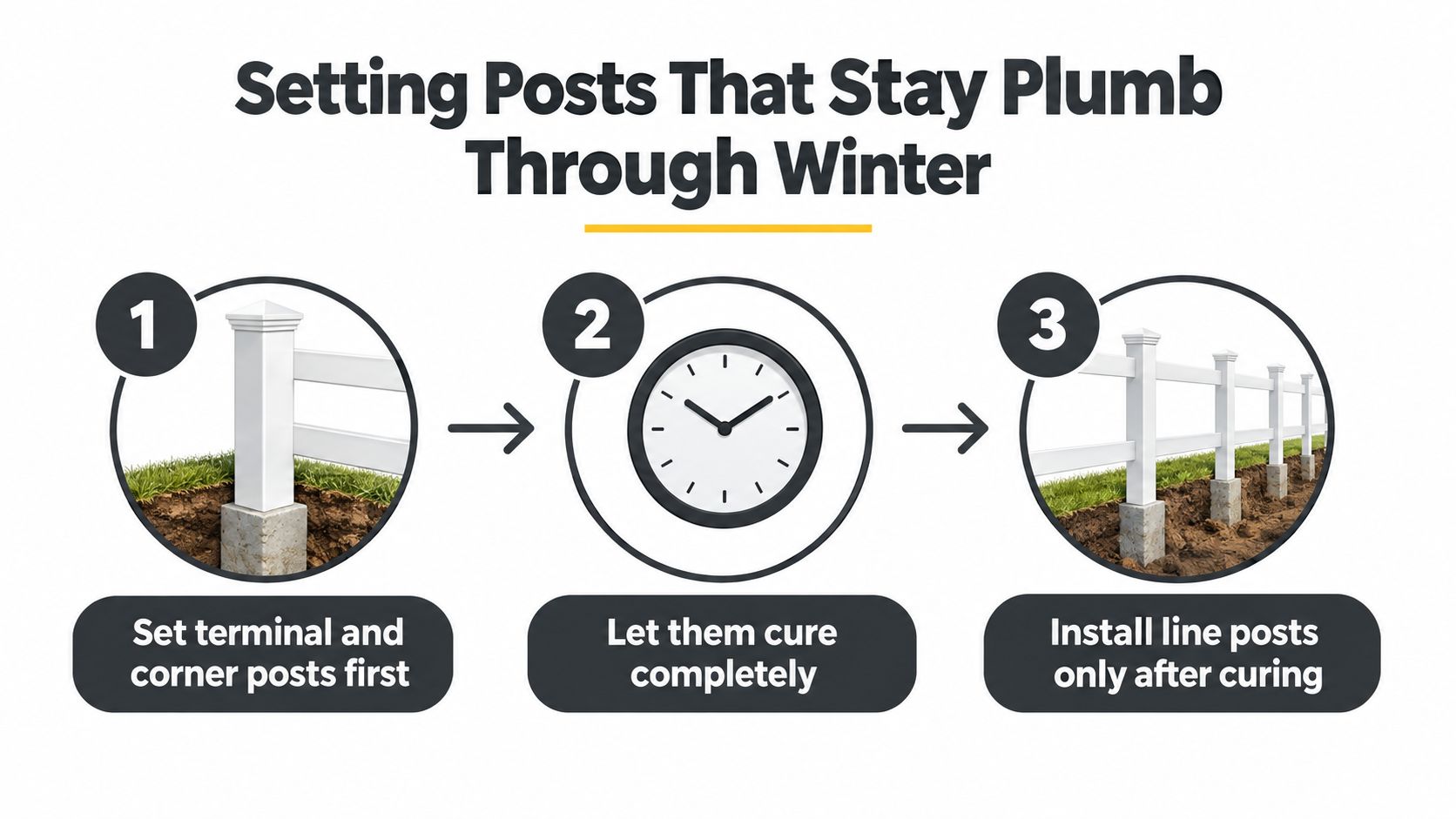 An infographic showing three steps for setting fence posts to stay plumb through the winter season.