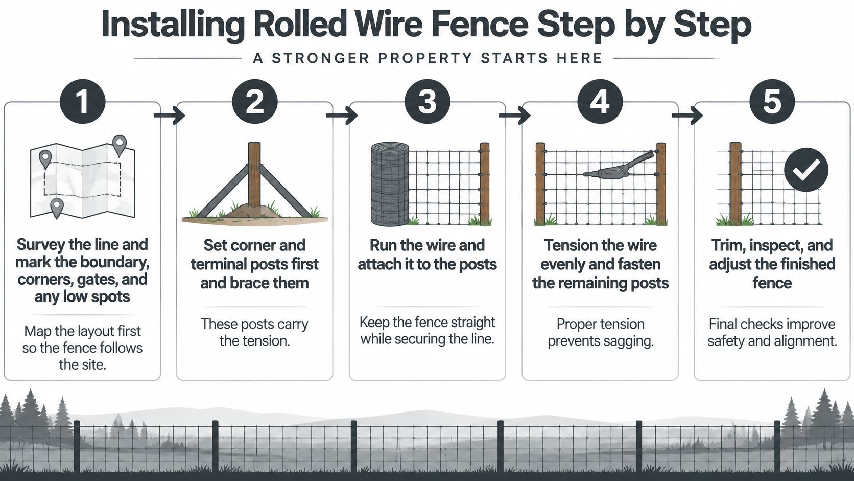 An infographic illustrating five easy steps for installing a rolled wire fence on a property.