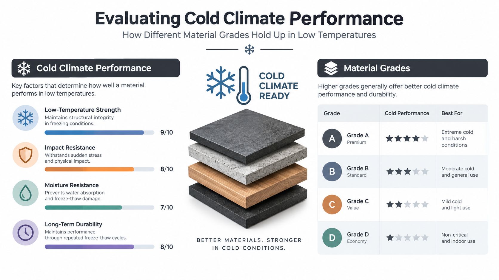 An infographic evaluating cold climate performance factors and comparing material grades for outdoor structural durability.