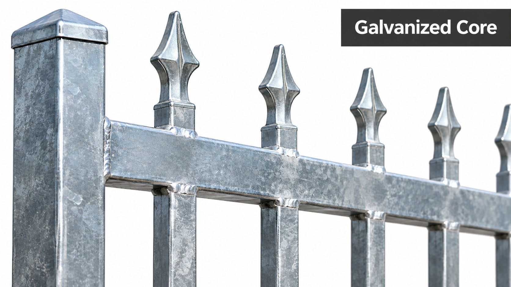 A close up view of a durable galvanized steel fence with spear top pickets on white background