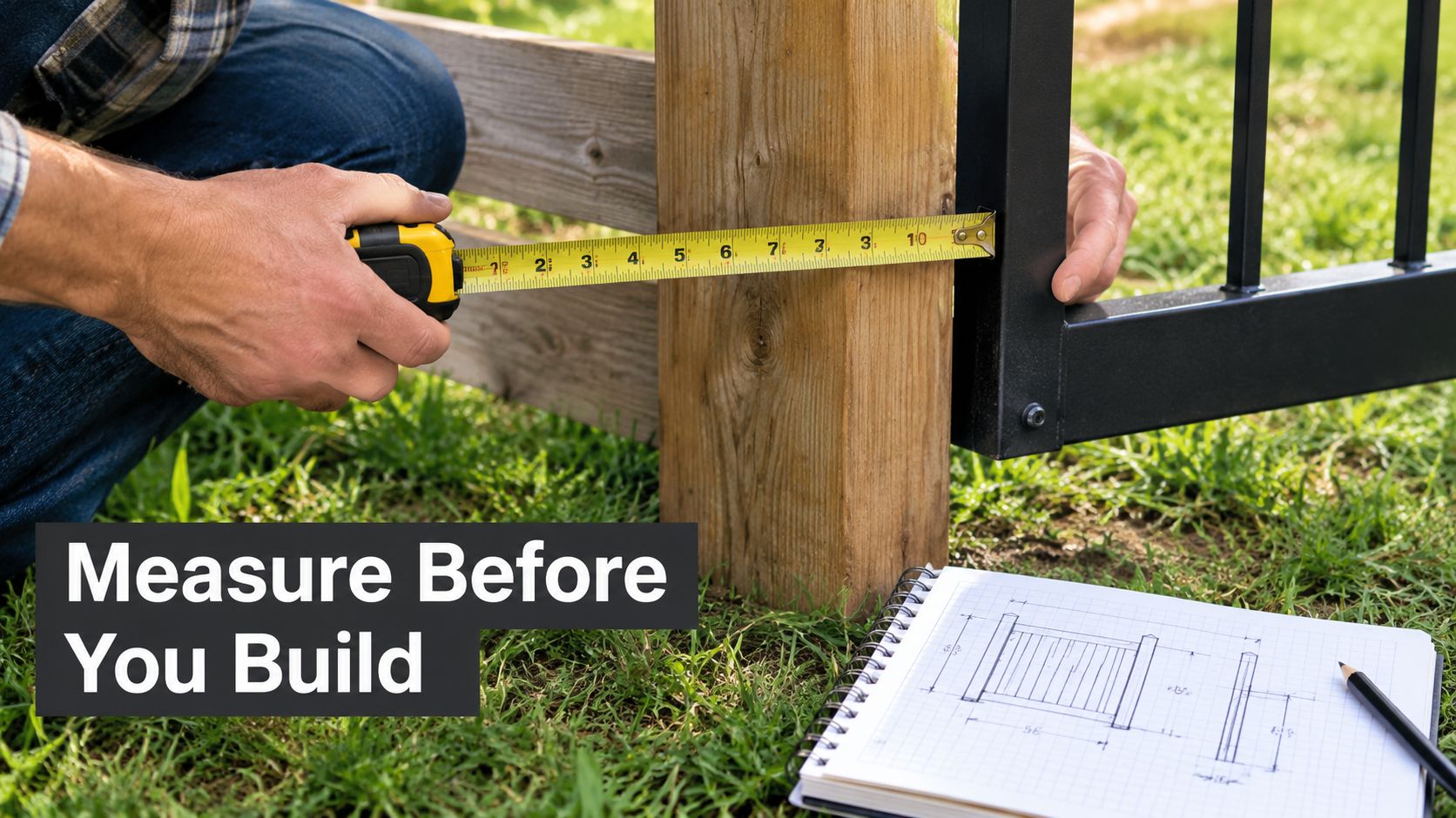 A construction worker measures the gap between a wooden fence post and a black metal gate.