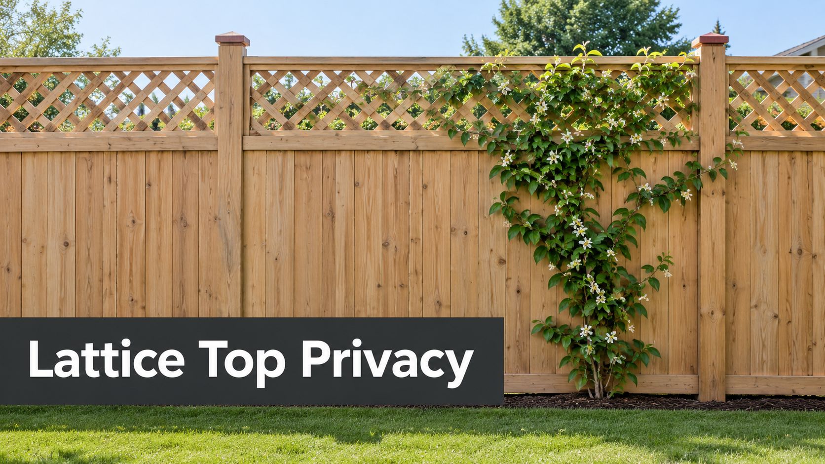 A wooden privacy fence featuring a decorative lattice top panel, with a flowering vine growing up it.