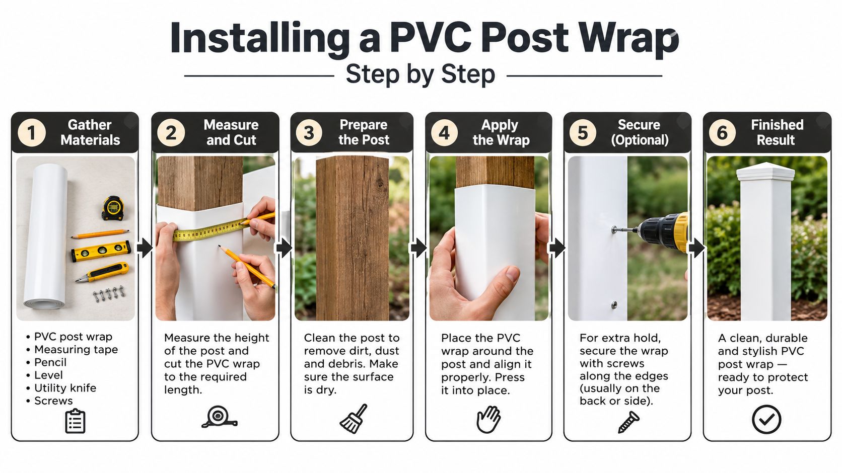 A step-by-step instructional infographic on how to install a protective PVC wrap onto a wooden post.