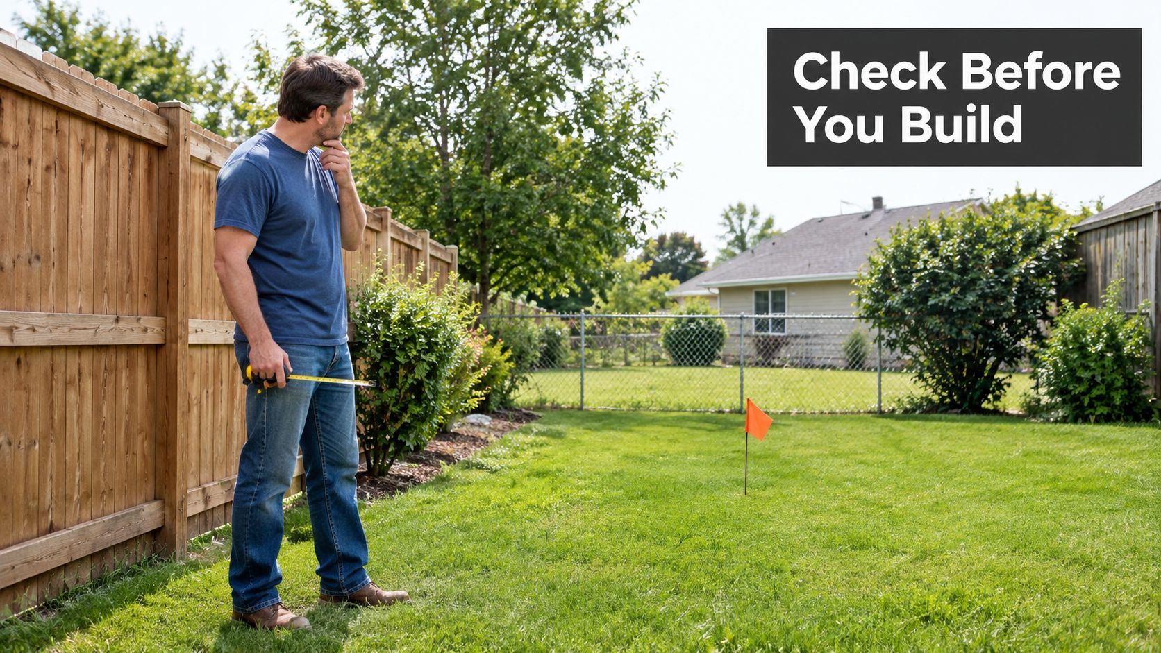 A man holding a tape measure standing in his backyard near a wooden privacy fence and flag.