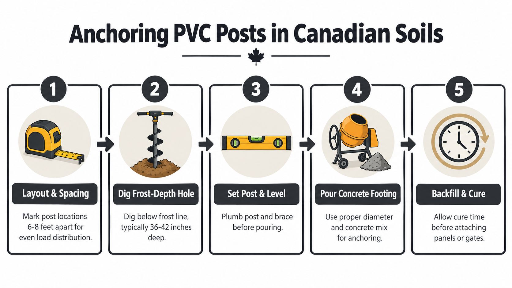 A five-step infographic showing how to properly anchor PVC fence posts into Canadian frost-depth soils.