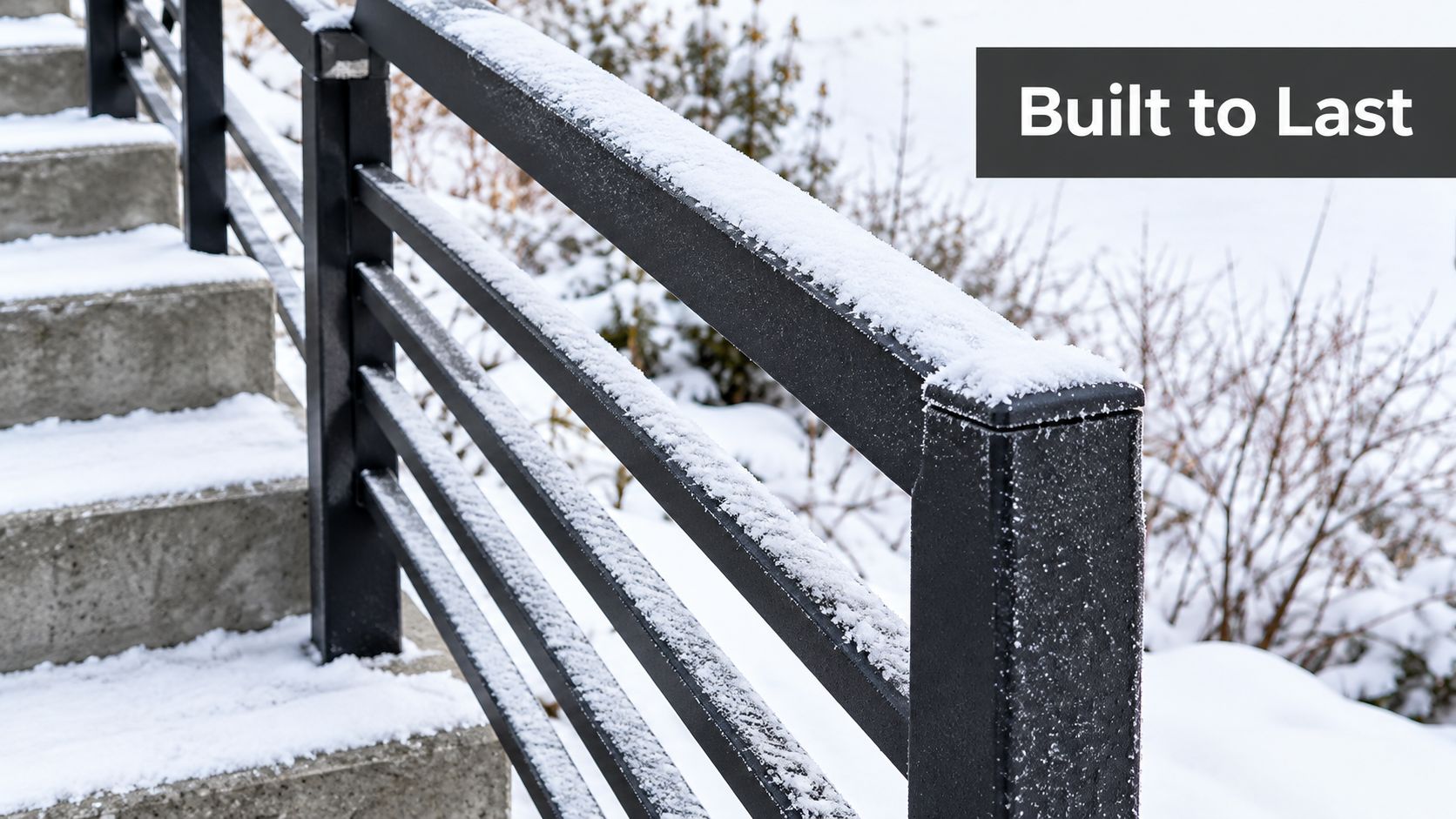 A close-up view of a sturdy black aluminum railing covered in light snow beside concrete steps.