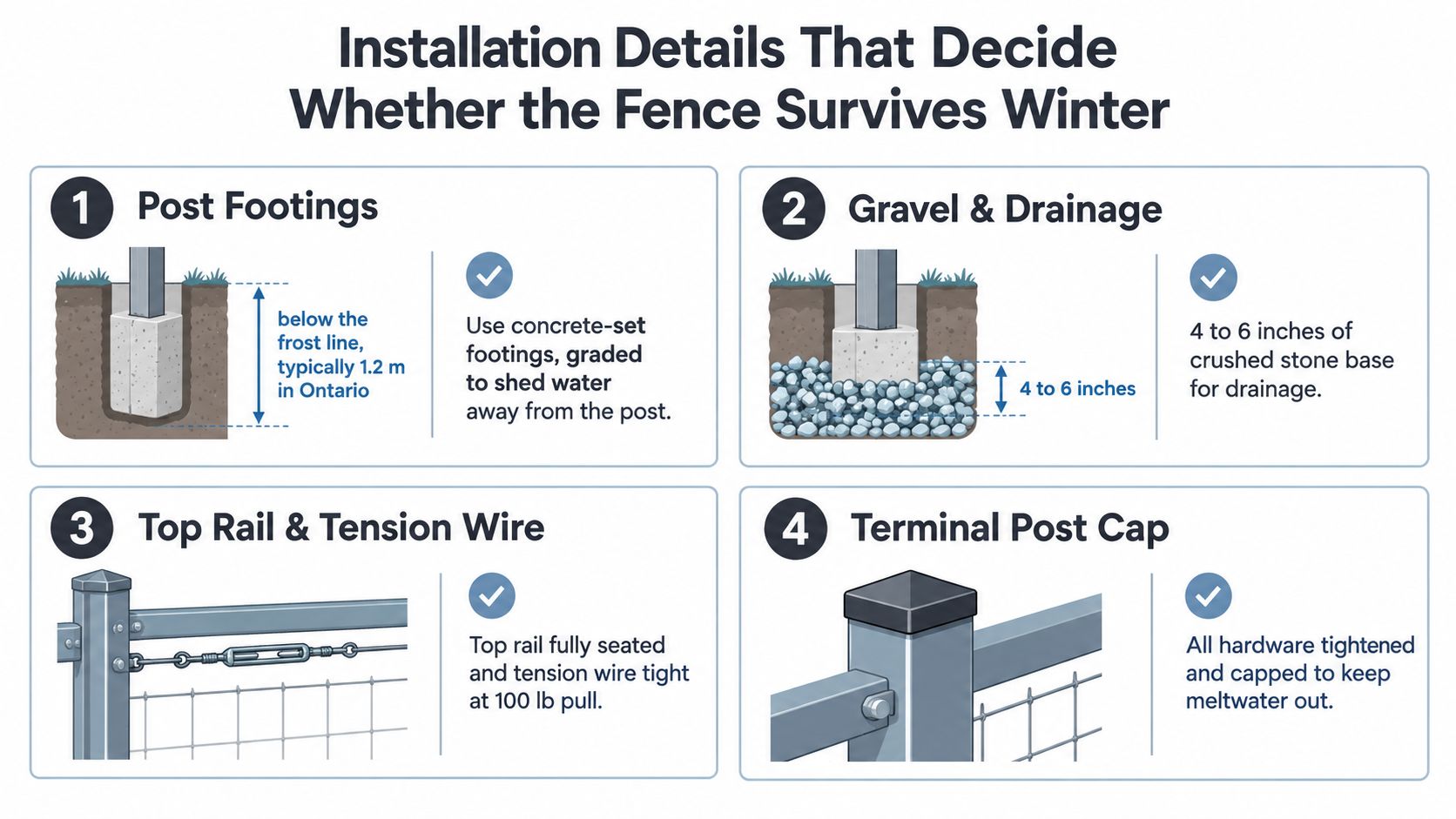 An infographic detailing four essential installation steps to ensure a fence survives cold winter conditions.