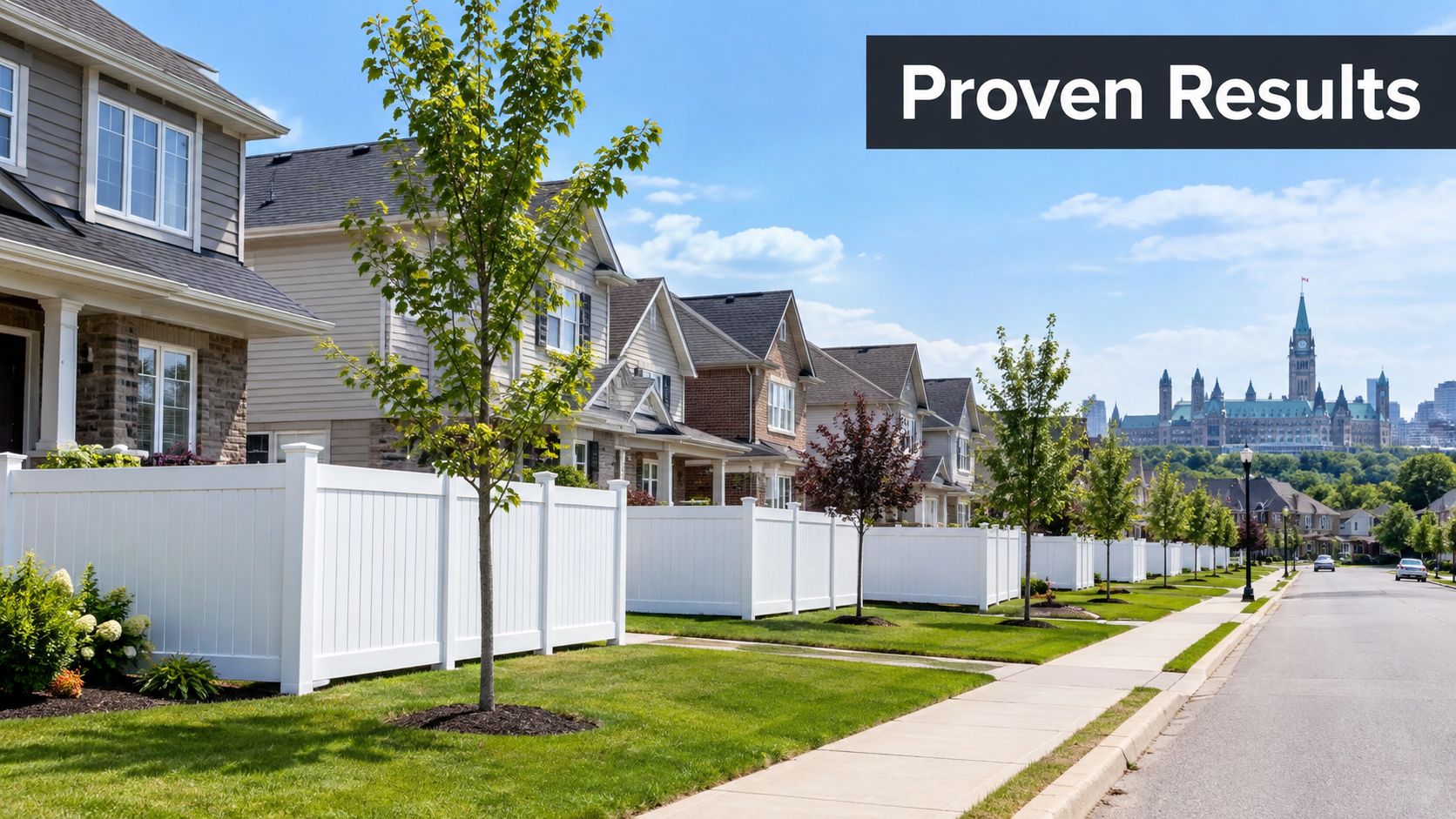 A row of suburban homes with clean white vinyl privacy fences lining the street in a neighborhood.