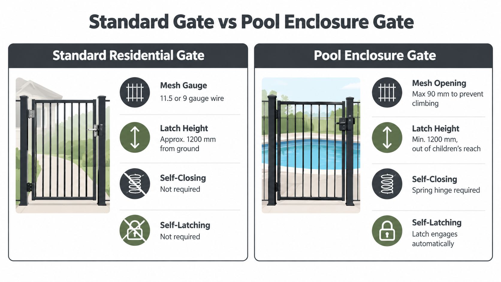 A comparison chart showing the differences between a standard residential gate and a secure pool enclosure gate.