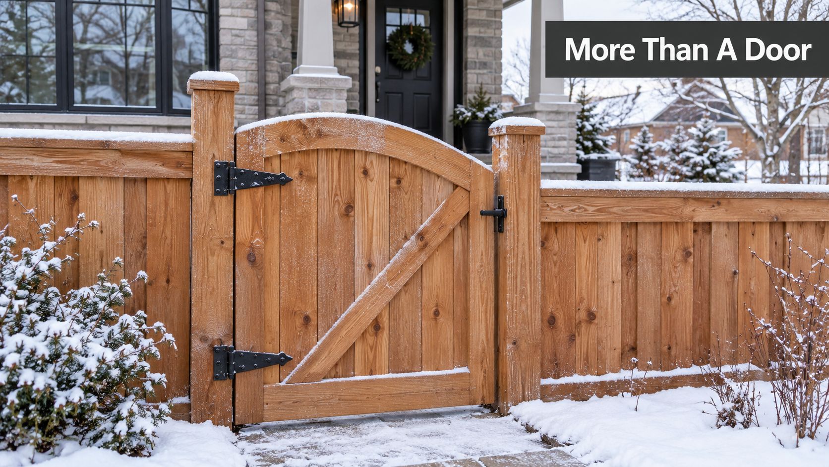 A wooden cedar fence gate with black metal hardware sits in a snowy residential front yard.