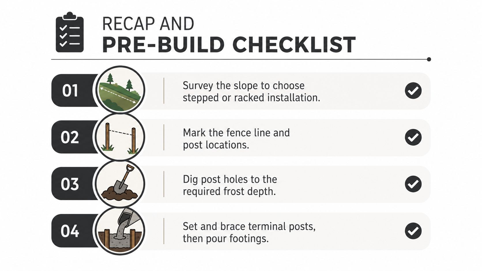 A four-step pre-build checklist for installing a fence, shown as an infographic with numbered icons.