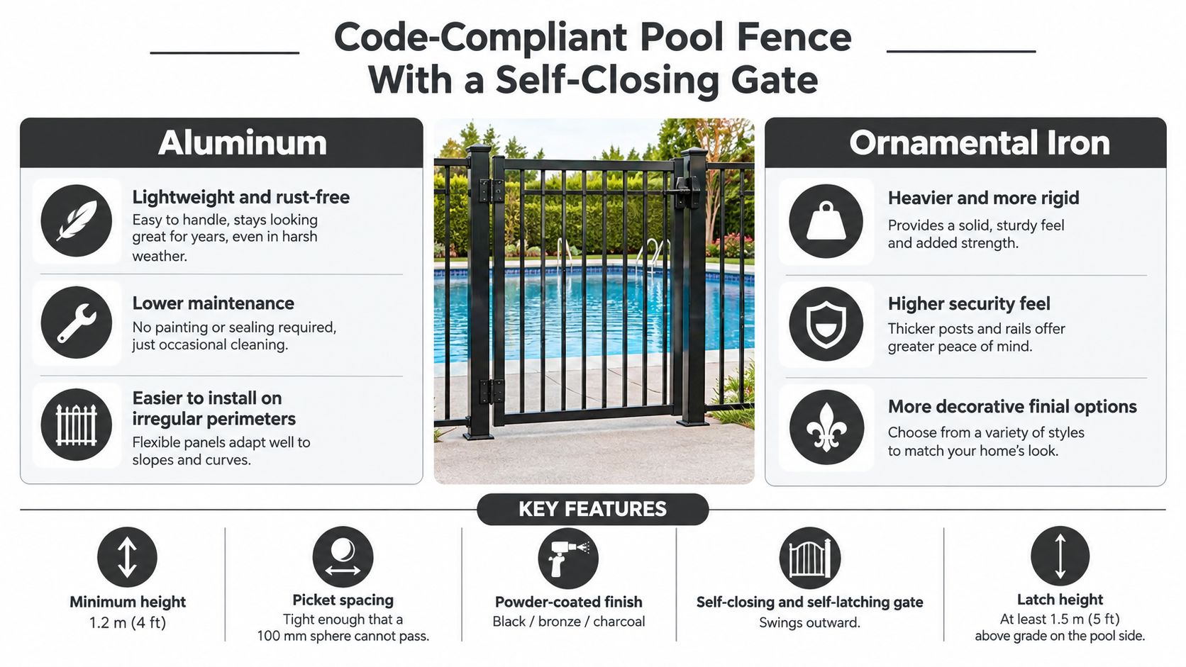 An infographic comparing aluminum and ornamental iron pool fences with essential safety features and code-compliant installation requirements.