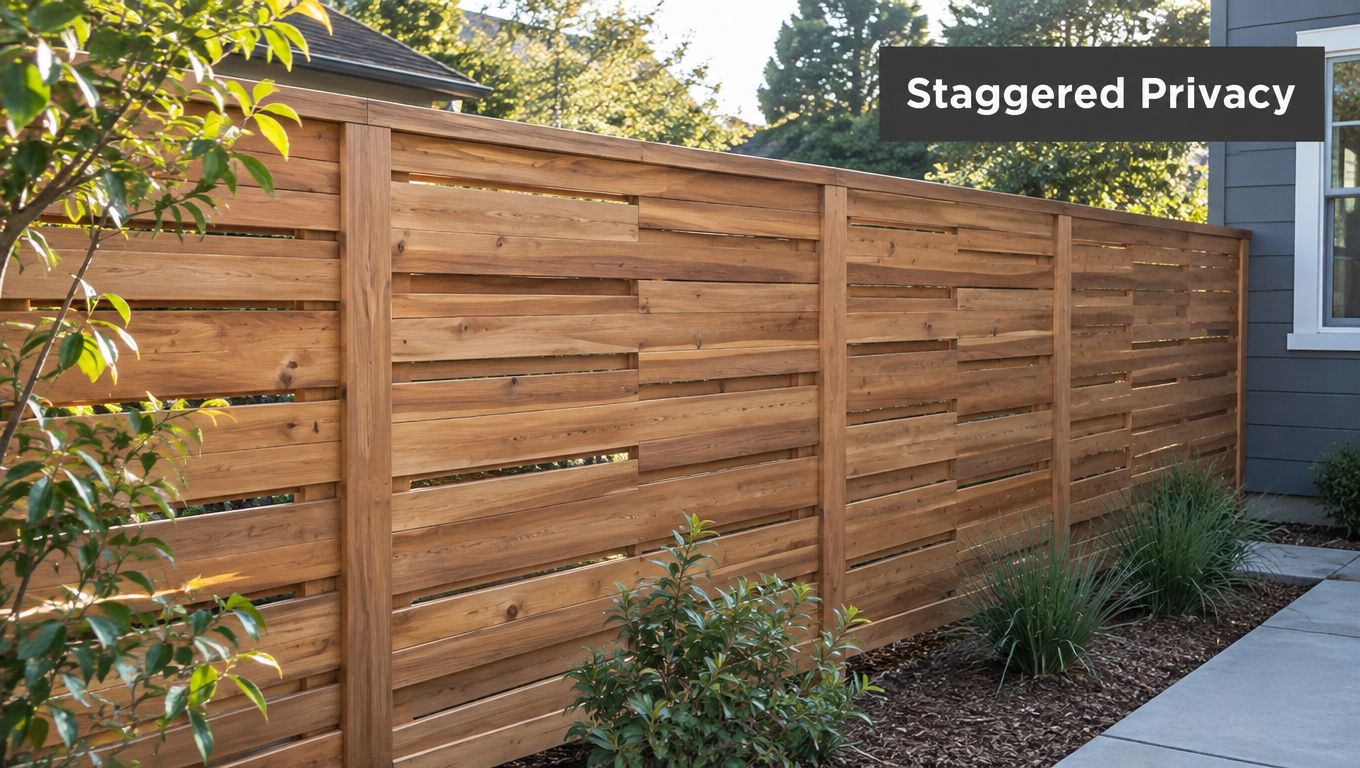 A modern staggered wood privacy fence design featuring horizontal wooden slats arranged with artistic offset gaps.