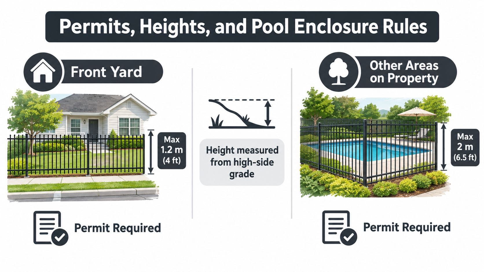 An infographic illustrating legal fence height restrictions for front yards and pool enclosures on residential property.