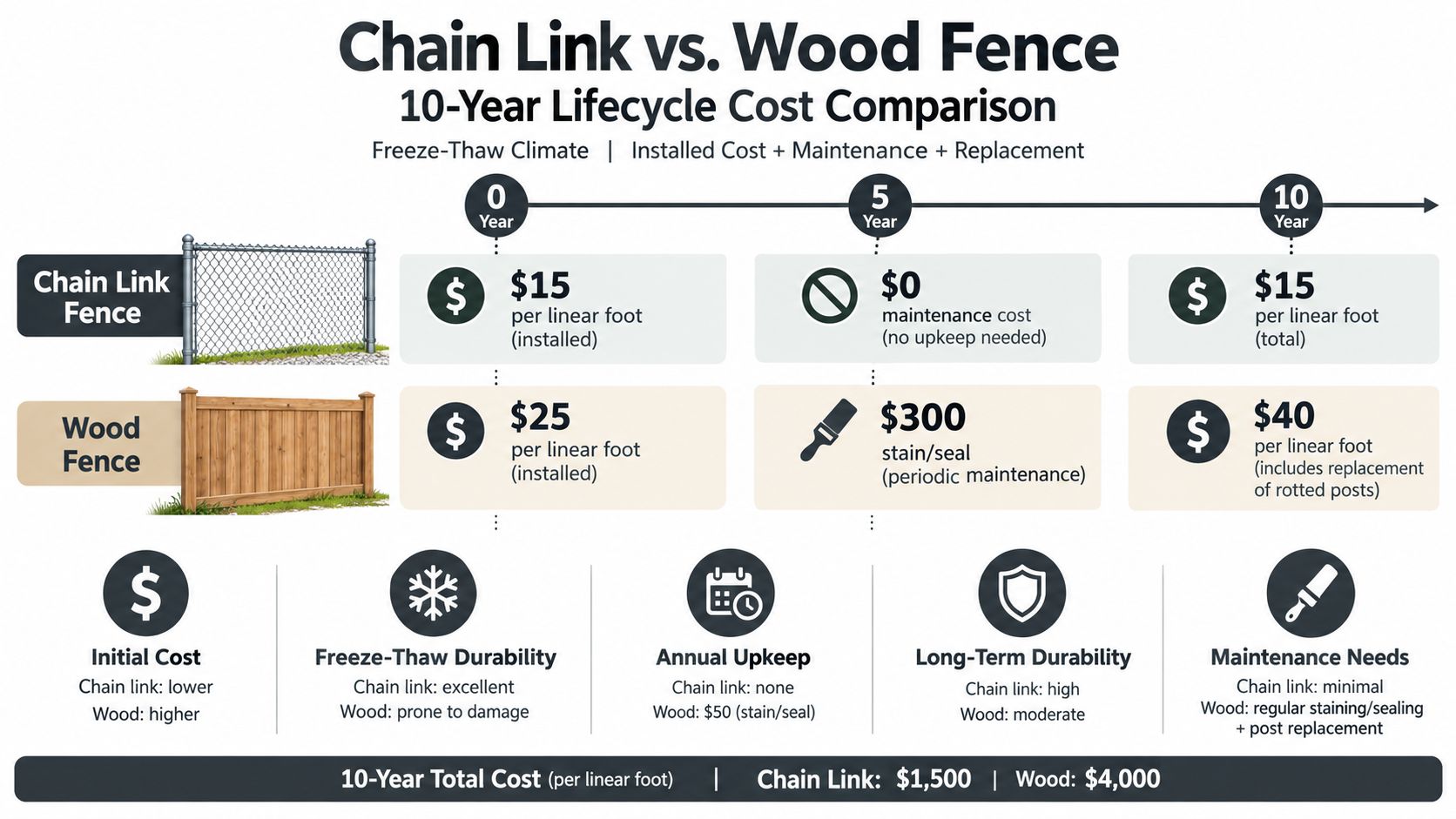A comparison chart showing the 10-year lifecycle cost differences between chain link and wood fences.