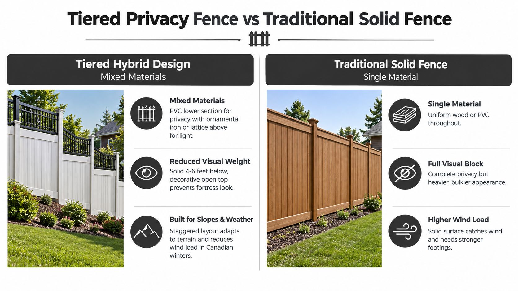 A comparison chart showing the differences between a tiered hybrid fence design and a traditional solid fence.