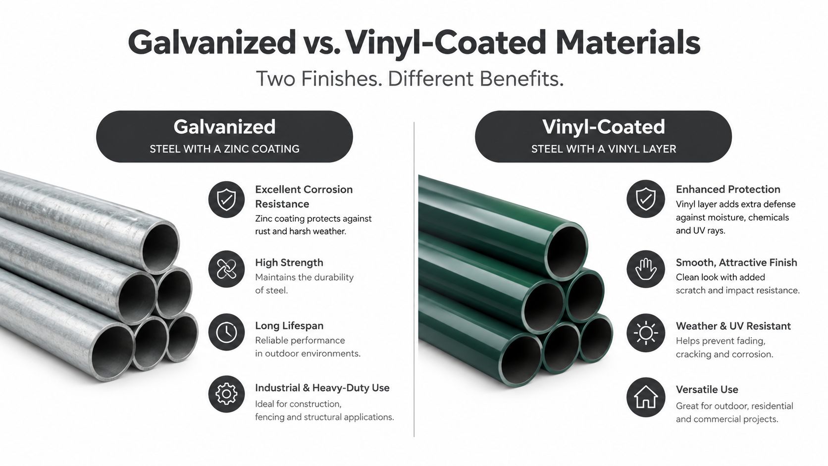 A comparison chart showing the differences between galvanized and vinyl-coated steel pipes for various industrial uses.