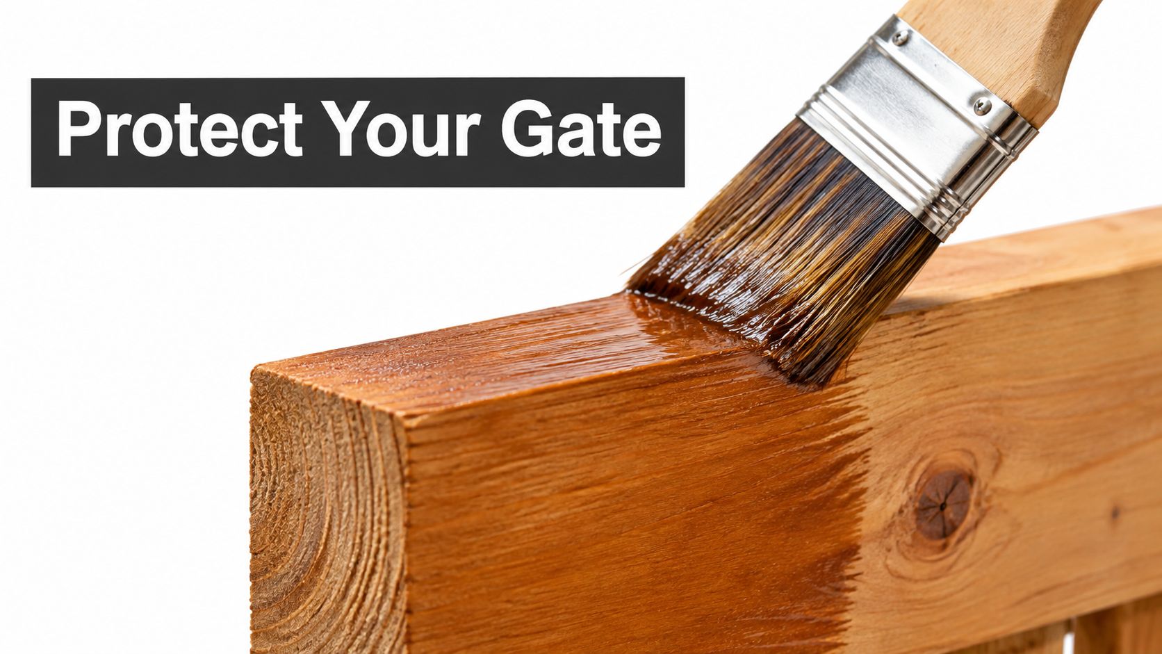 A wooden paintbrush applying stain to a raw cedar fence gate board, protecting it from elements.