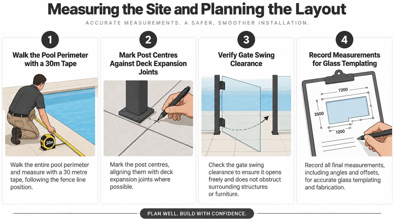 A four-step infographic illustrating the professional process of measuring a site for glass pool fence installation.