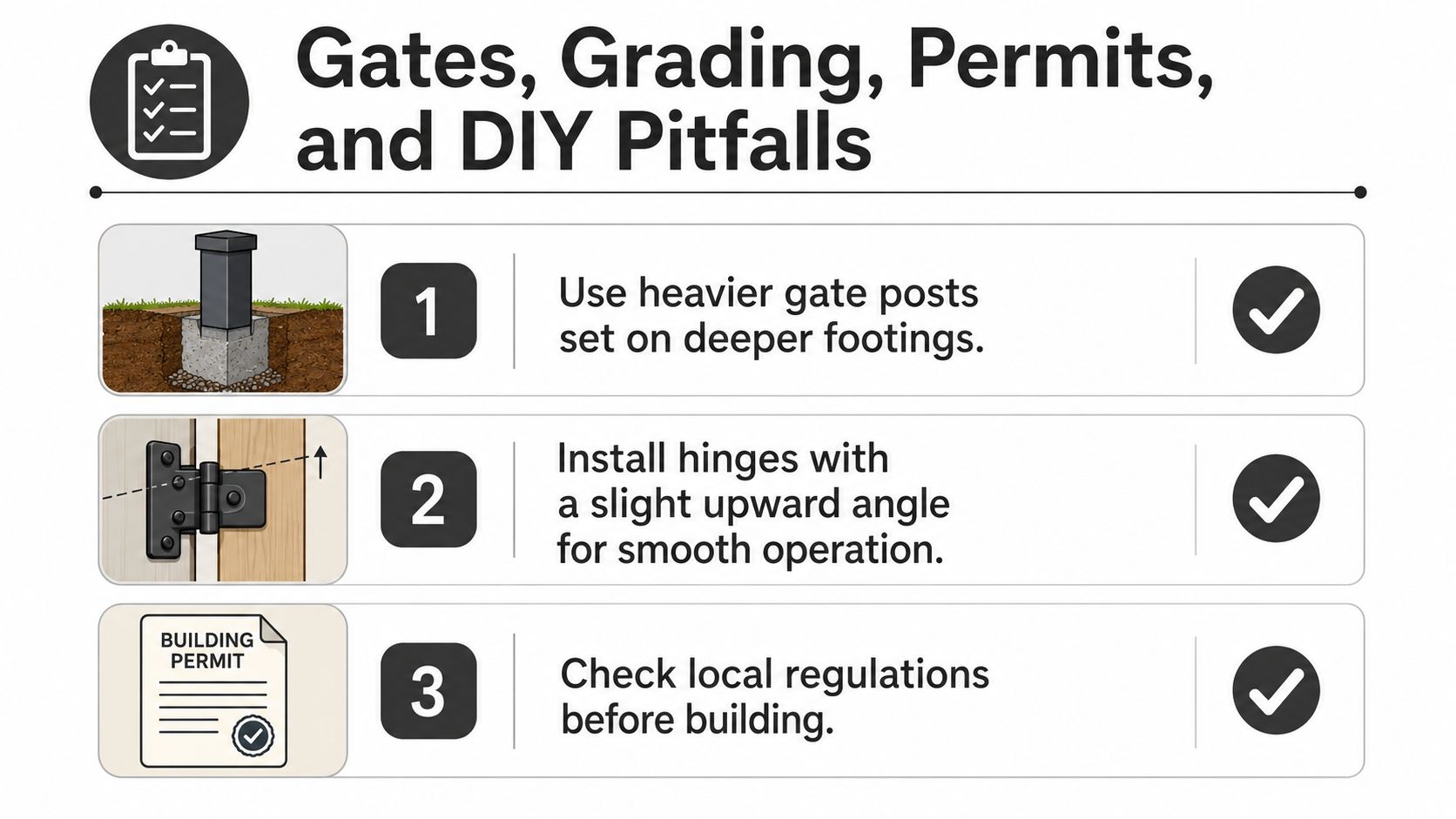 An infographic detailing essential tips for gate installation including deep footings, proper hinge alignment, and permits.