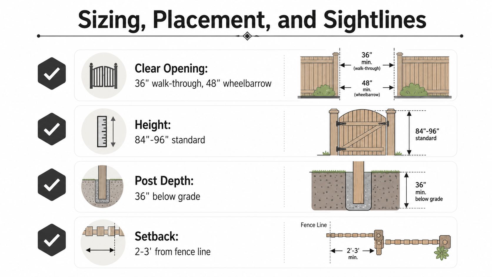 An infographic showing standard dimensions and placement guidelines for installing a garden arch gate or fence.