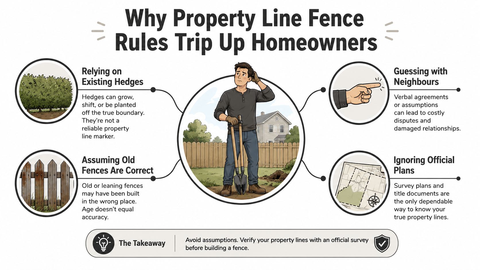 An infographic illustrating four common mistakes homeowners make when determining property lines for building fences.
