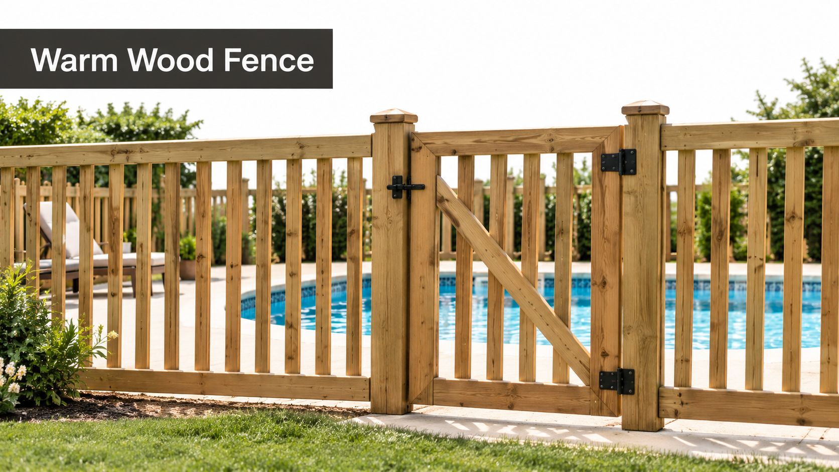 A wooden pool fence with a gate installed around an outdoor swimming pool on a patio.