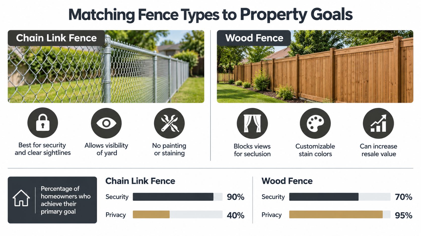 A comparison infographic showing the pros and cons of chain link fences versus wood fences for homeowners.