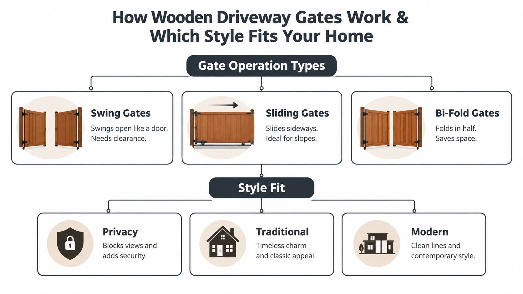 A diagram illustrating different types of wooden driveway gate operations and various styles for home design.